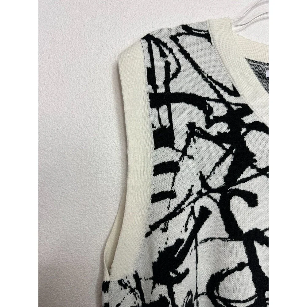 Zara Mens L-XL Abstract Jacquard Knit Sweater Vest White Black V-Neck Graffiti